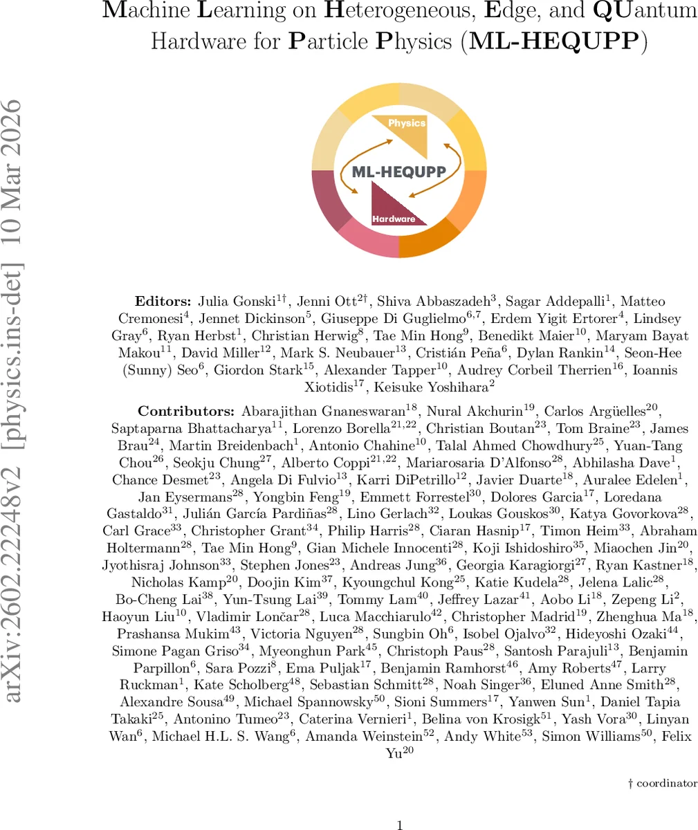 Machine Learning on Heterogeneous, Edge, and Quantum Hardware for Particle Physics (ML-HEQUPP)