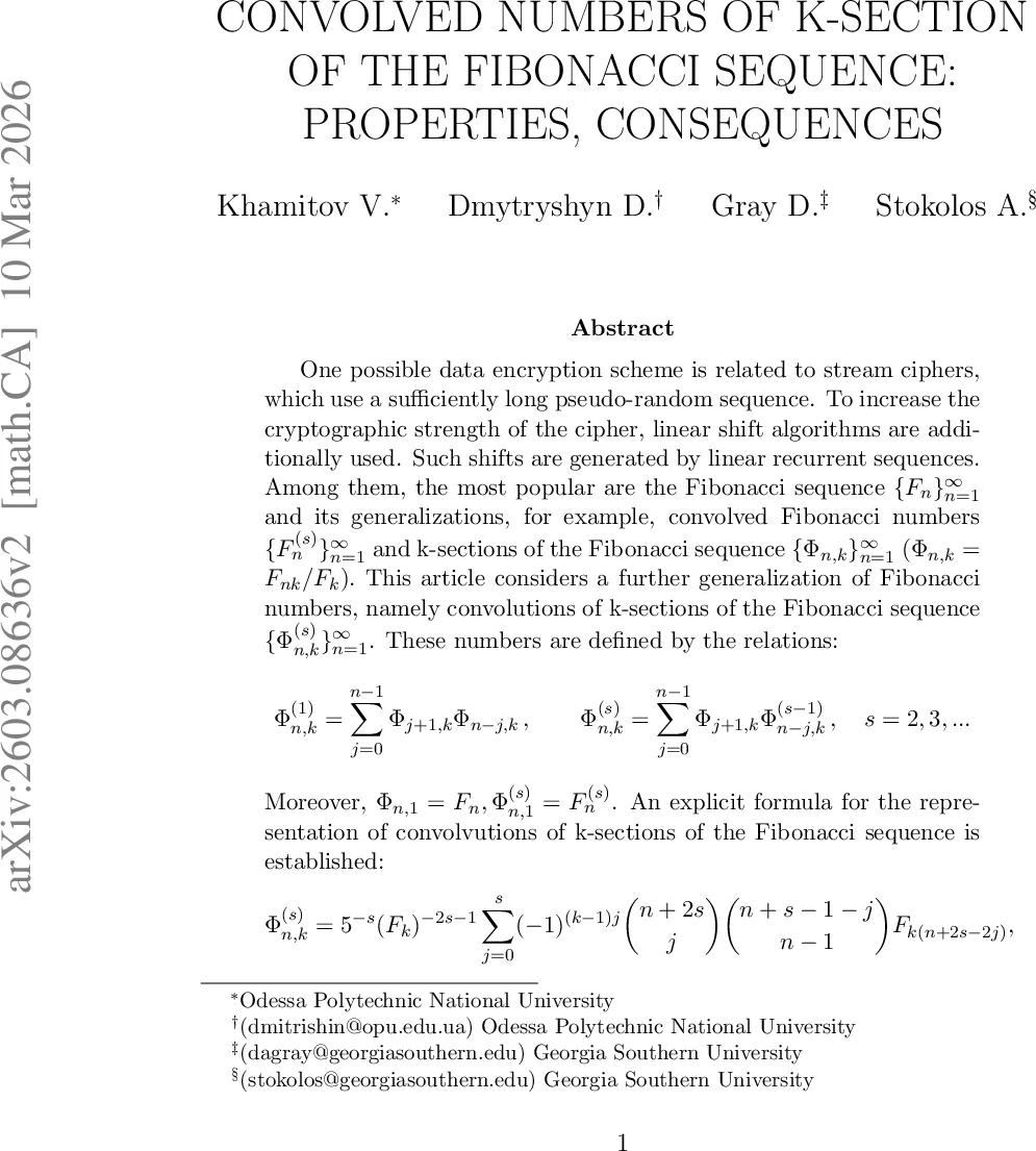 Convolved Numbers of $k$-sections of the Fibonacci Sequence: Properties, Consequences