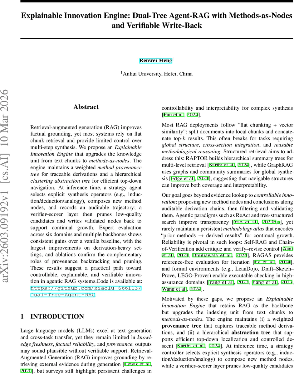 Explainable Innovation Engine: Dual-Tree Agent-RAG with Methods-as-Nodes and Verifiable Write-Back