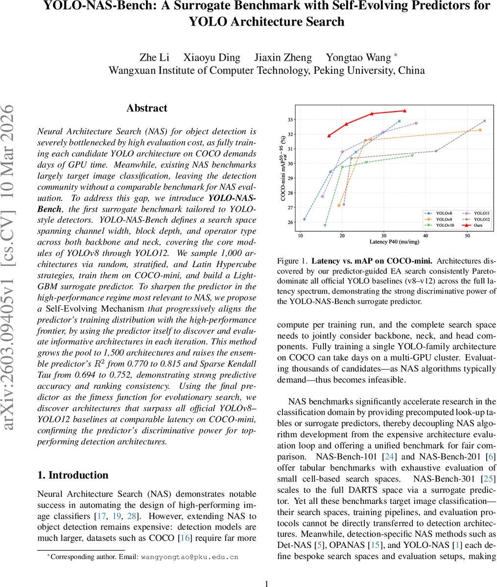 YOLO-NAS-Bench: A Surrogate Benchmark with Self-Evolving Predictors for YOLO Architecture Search