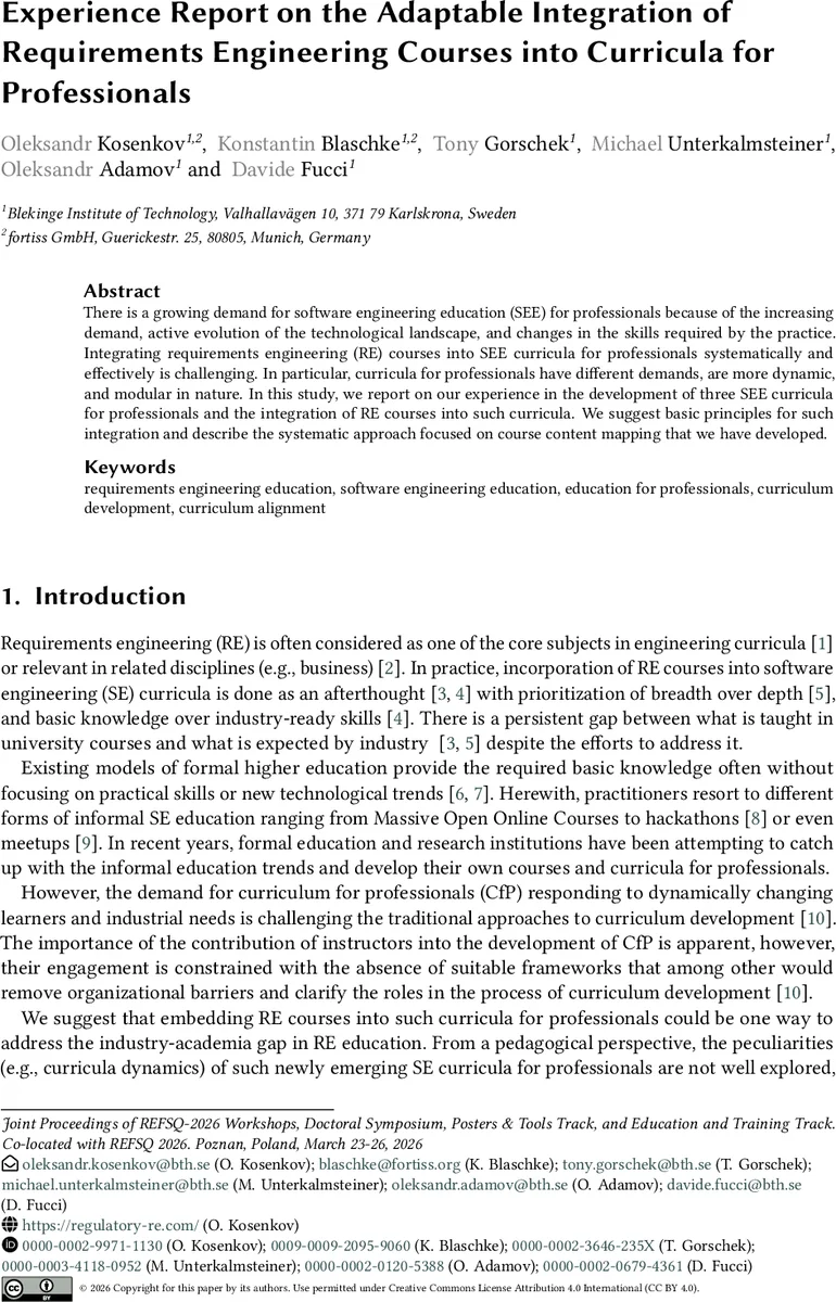 Experience Report on the Adaptable Integration of Requirements Engineering Courses into Curricula for Professionals