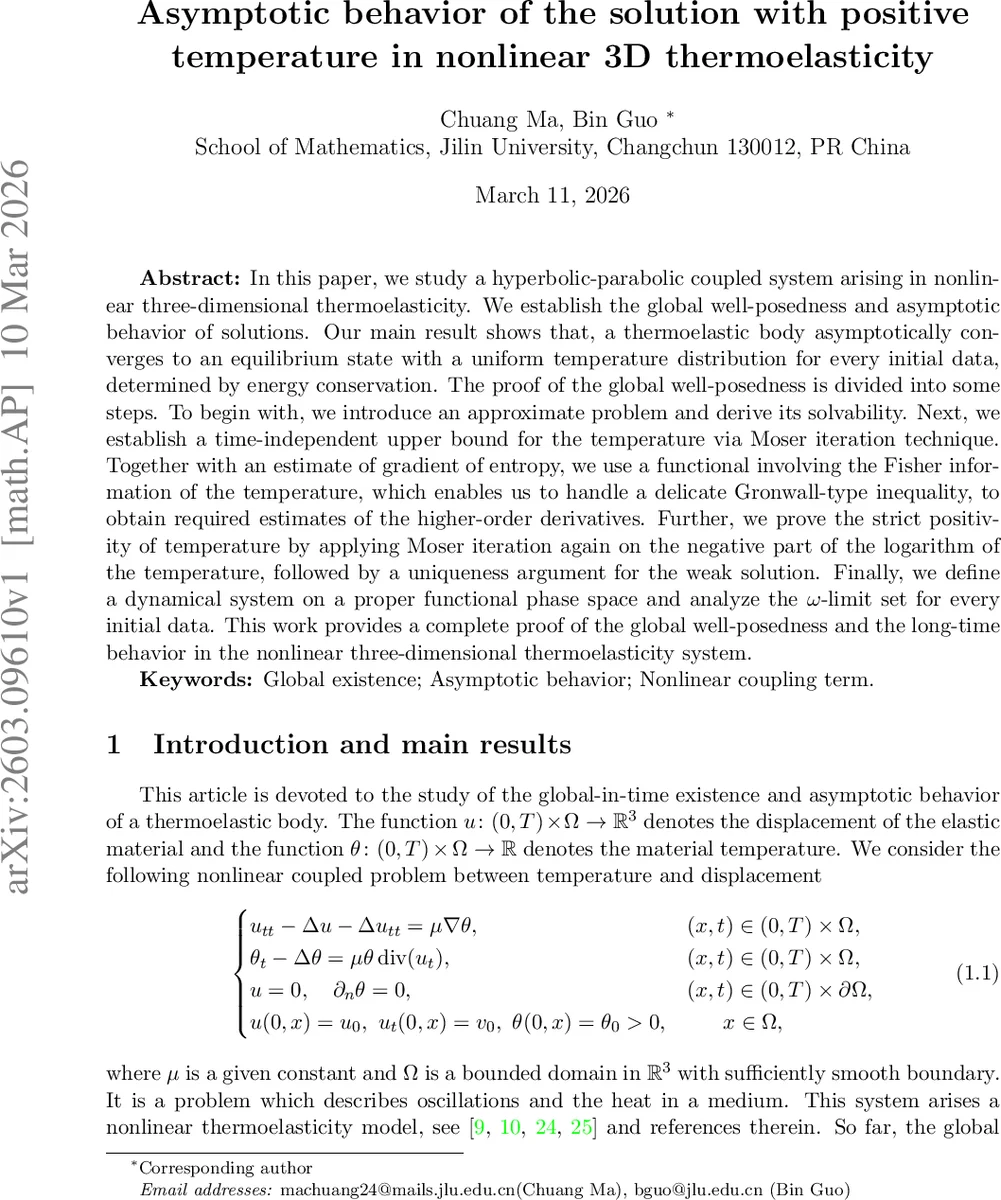 Asymptotic behavior of the solution with positive temperature in nonlinear 3D thermoelasticity