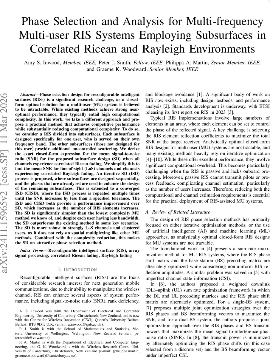 Phase Selection and Analysis for Multi-frequency Multi-user RIS Systems Employing Subsurfaces in Correlated Ricean and Rayleigh Environments