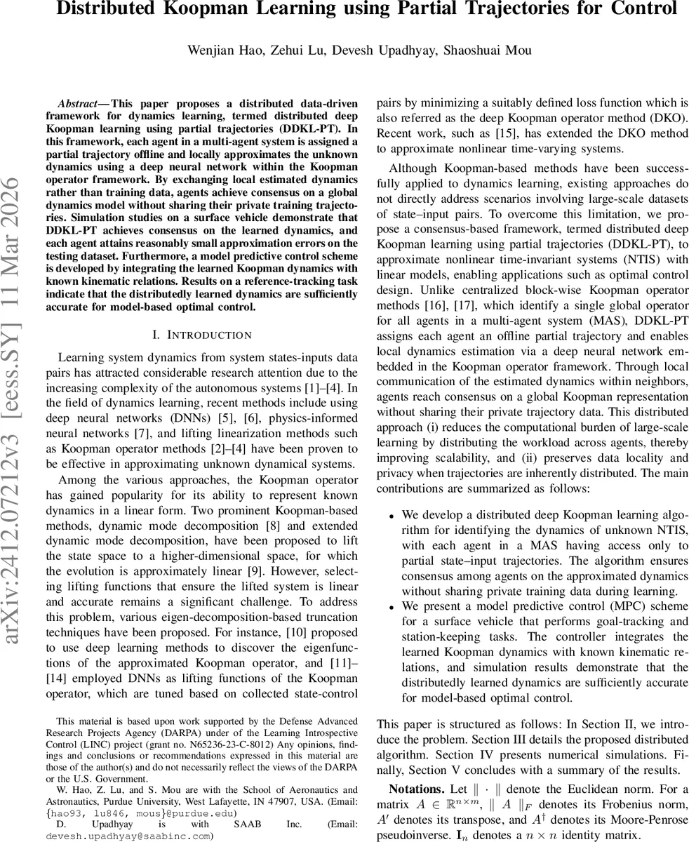 Distributed Koopman Learning using Partial Trajectories for Control