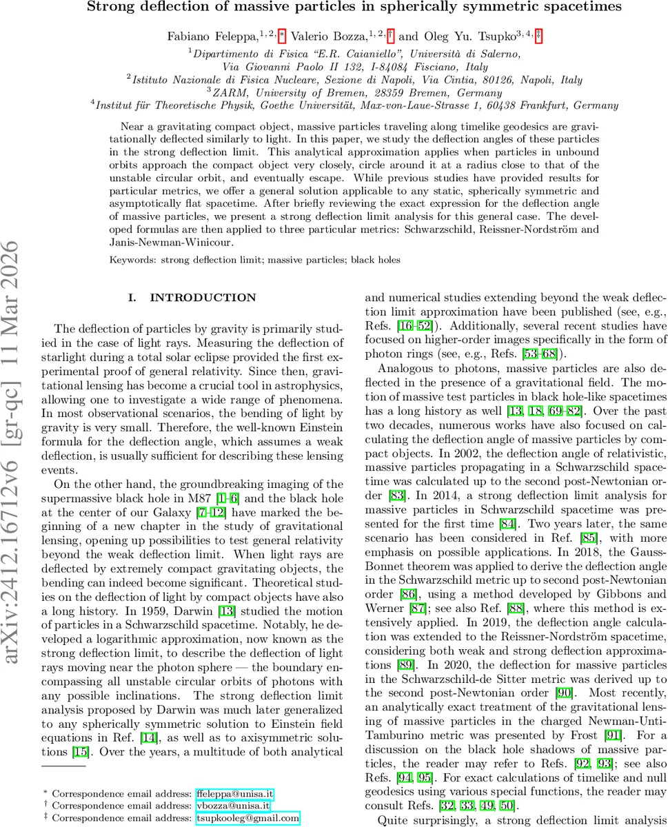 Strong deflection of massive particles in spherically symmetric spacetimes