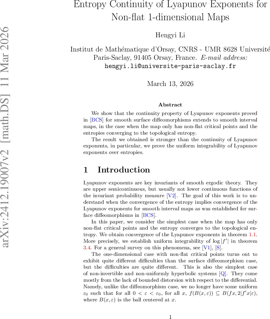 Entropy Continuity of Lyapunov Exponents for Non-flat 1-dimensional Maps