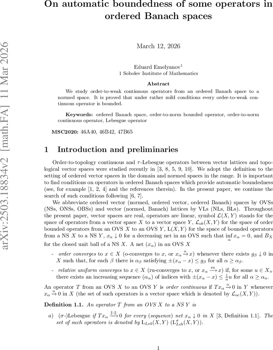 On automatic boundedness of some operators in ordered Banach spaces