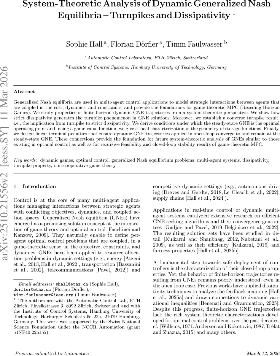 System-Theoretic Analysis of Dynamic Generalized Nash Equilibria -- Turnpikes and Dissipativity