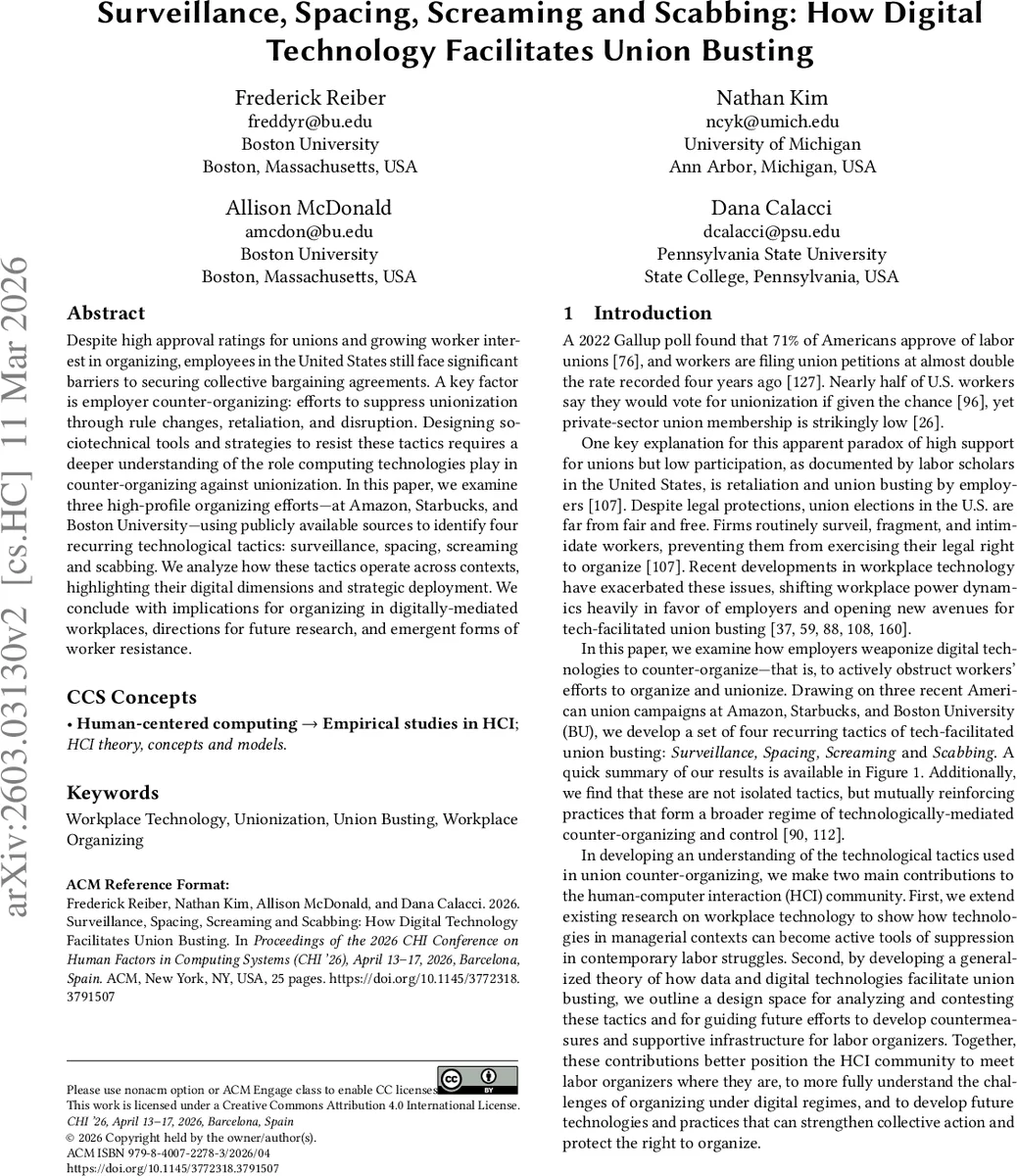 Surveillance, Spacing, Screaming and Scabbing: How Digital Technology Facilitates Union Busting