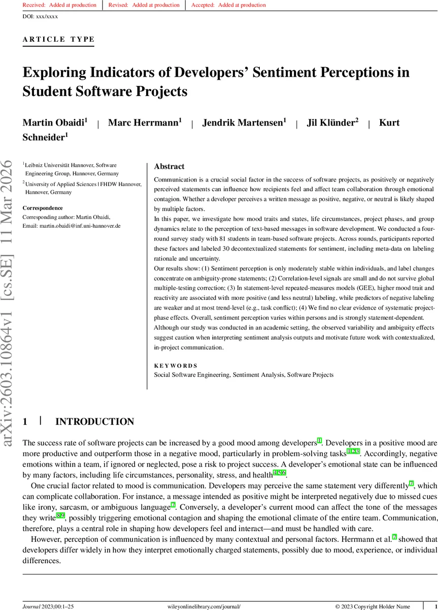 Exploring Indicators of Developers' Sentiment Perceptions in Student Software Projects