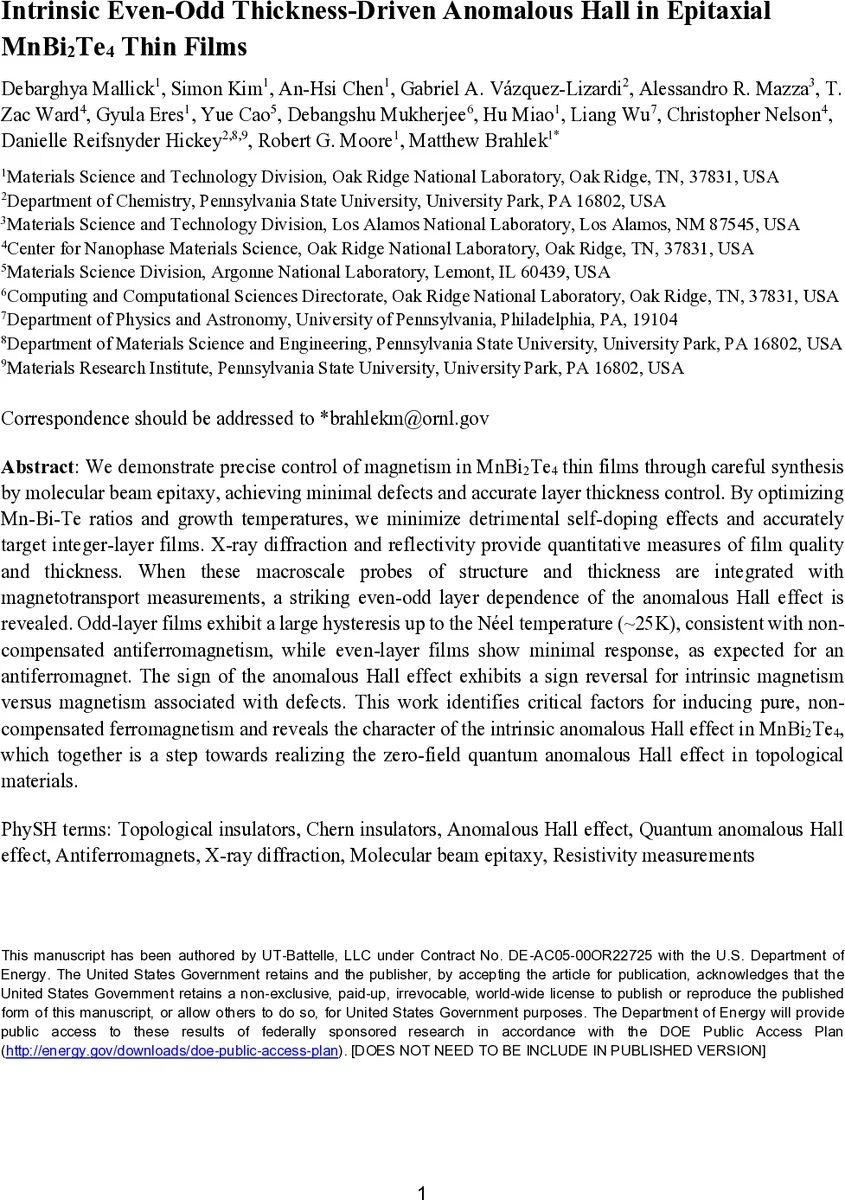 Intrinsic Even-Odd Thickness-Driven Anomalous Hall in Epitaxial MnBi2Te4 Thin Films