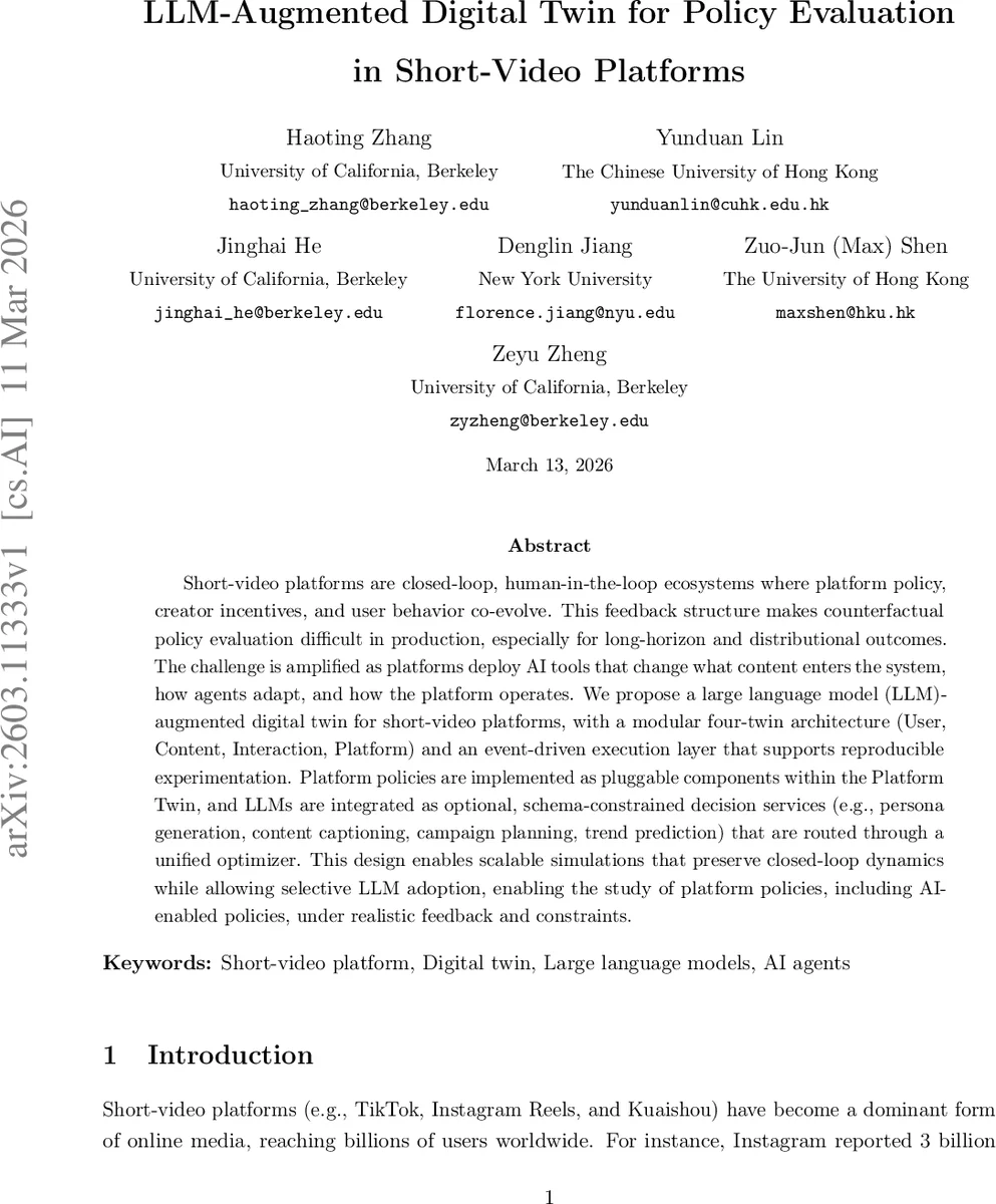 LLM-Augmented Digital Twin for Policy Evaluation in Short-Video Platforms