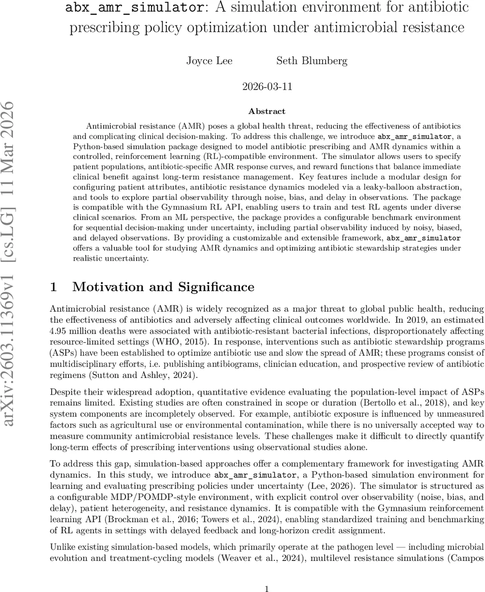 abx_amr_simulator: A simulation environment for antibiotic prescribing policy optimization under antimicrobial resistance