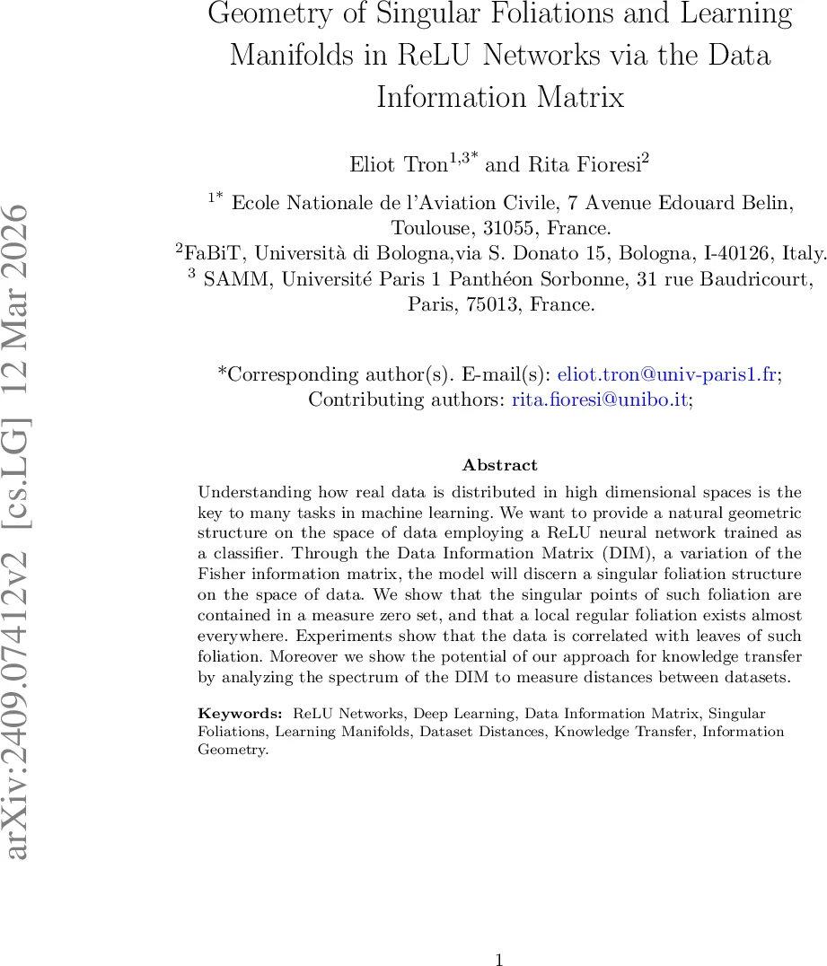 Geometry of Singular Foliations and Learning Manifolds in ReLU Networks via the Data Information Matrix