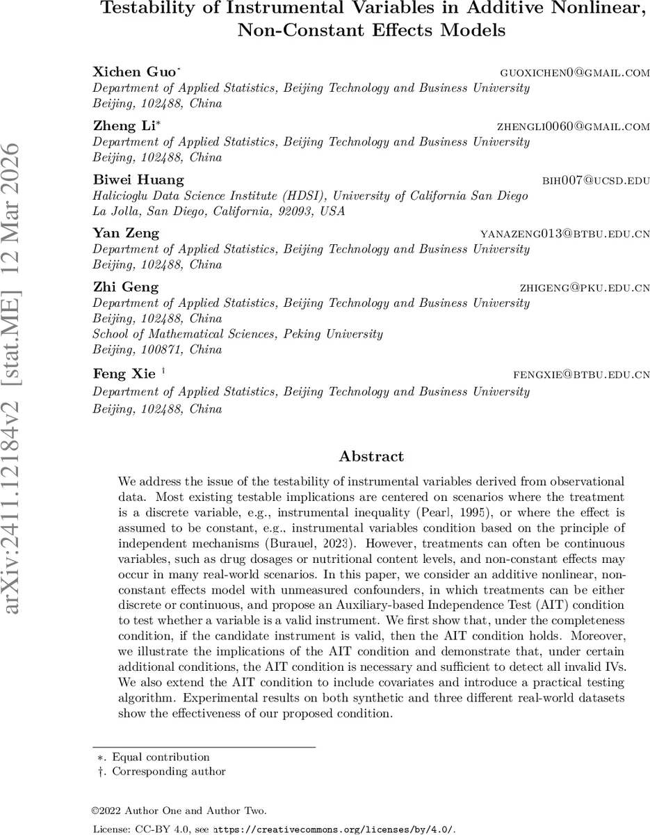 Testability of Instrumental Variables in Additive Nonlinear, Non-Constant Effects Models