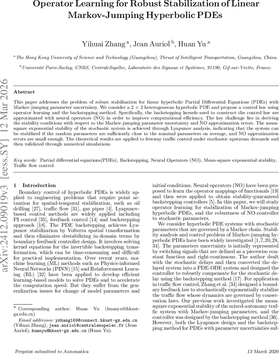 Operator Learning for Robust Stabilization of Linear Markov-Jumping Hyperbolic PDEs