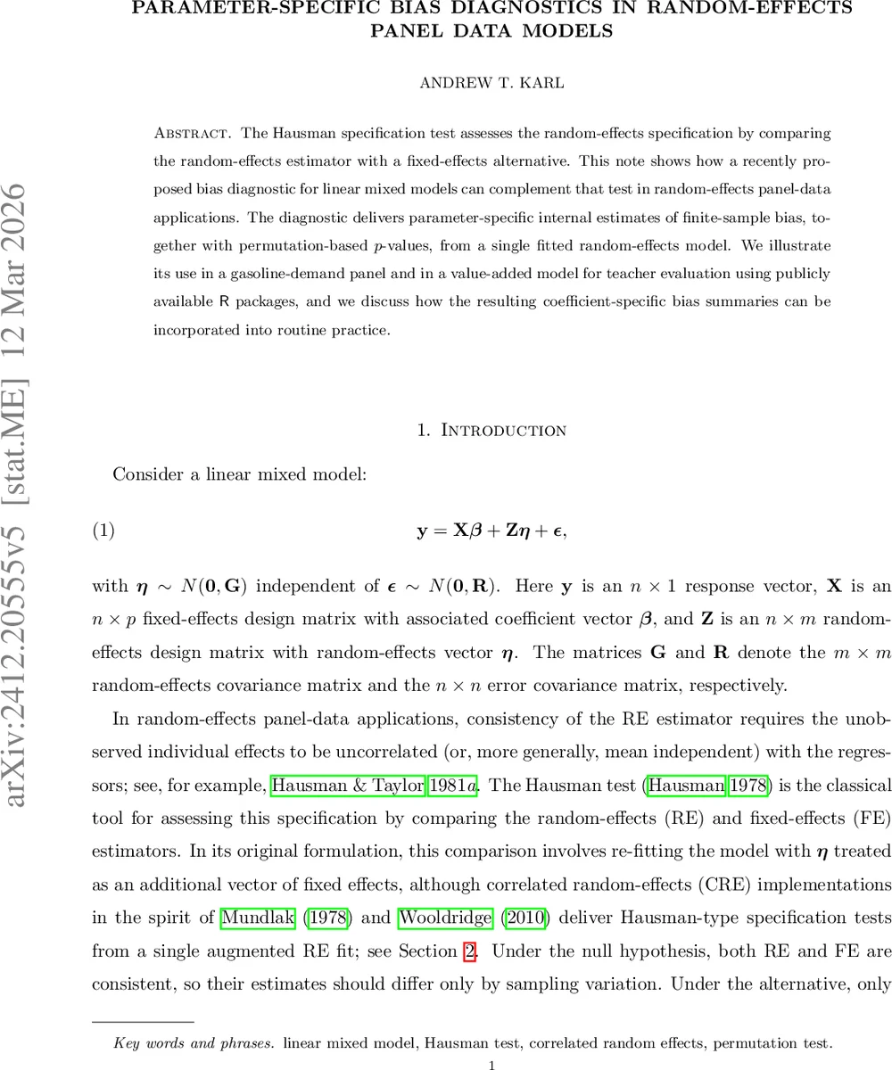 Parameter-Specific Bias Diagnostics in Random-Effects Panel Data Models