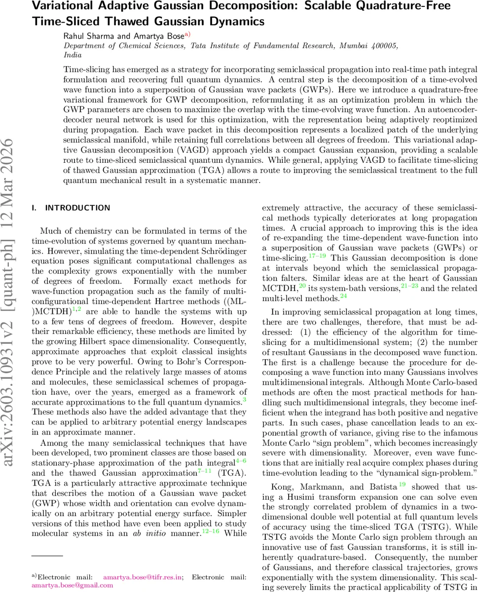 Variational Adaptive Gaussian Decomposition: Scalable Quadrature-Free Time-Sliced Thawed Gaussian Dynamics