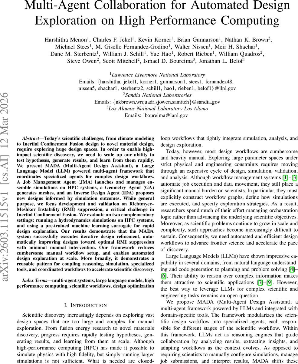 Multi-Agent Collaboration for Automated Design Exploration on High Performance Computing Systems