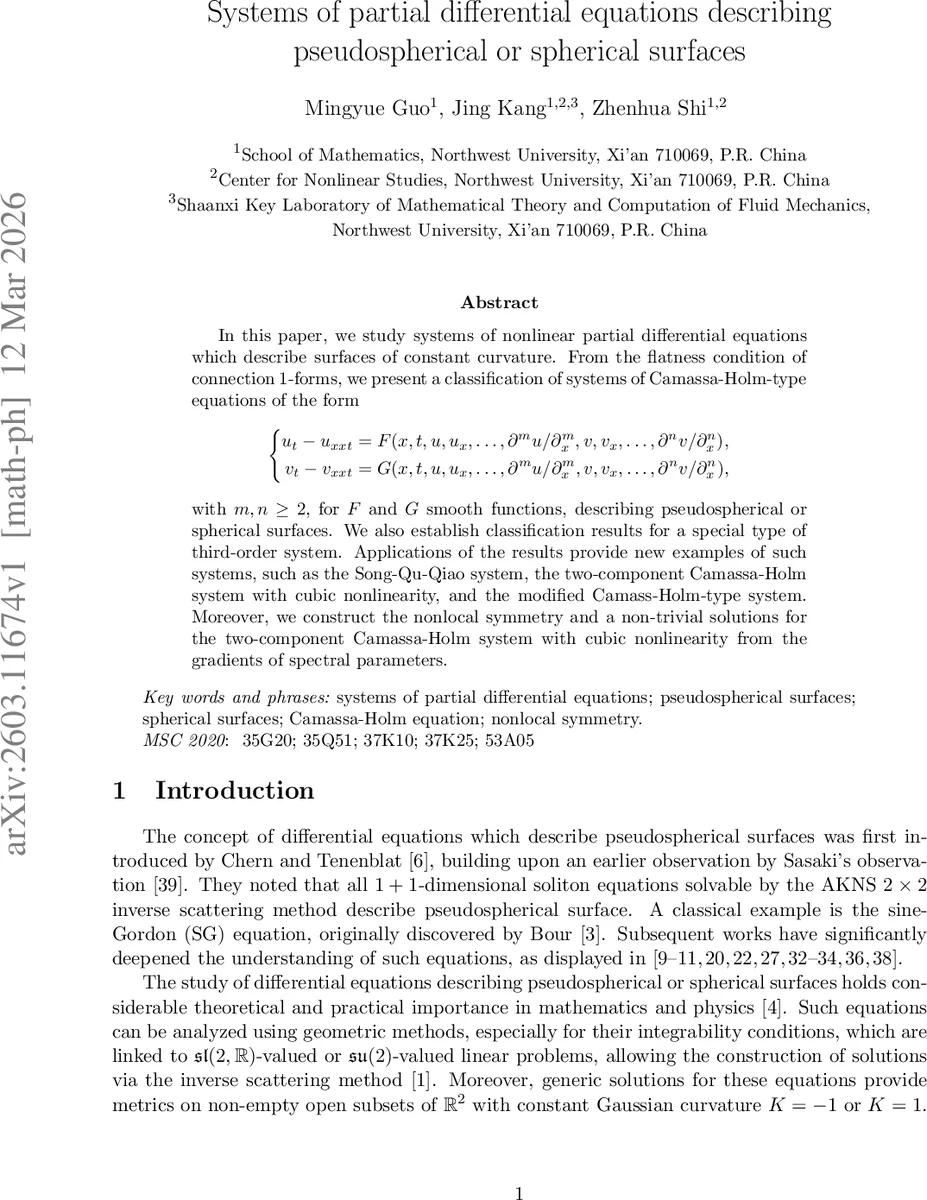 Systems of partial differential equations describing pseudo-spherical or spherical surfaces