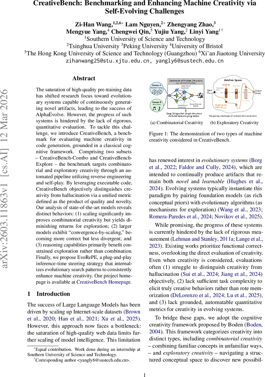 CreativeBench: Benchmarking and Enhancing Machine Creativity via Self-Evolving Challenges