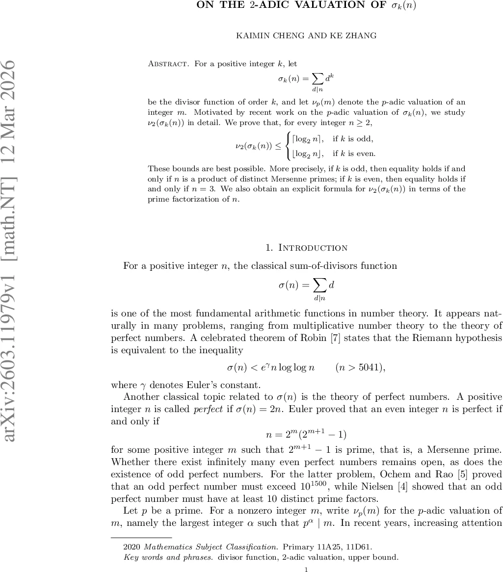 On the $2$-adic valuation of $σ_k(n)$