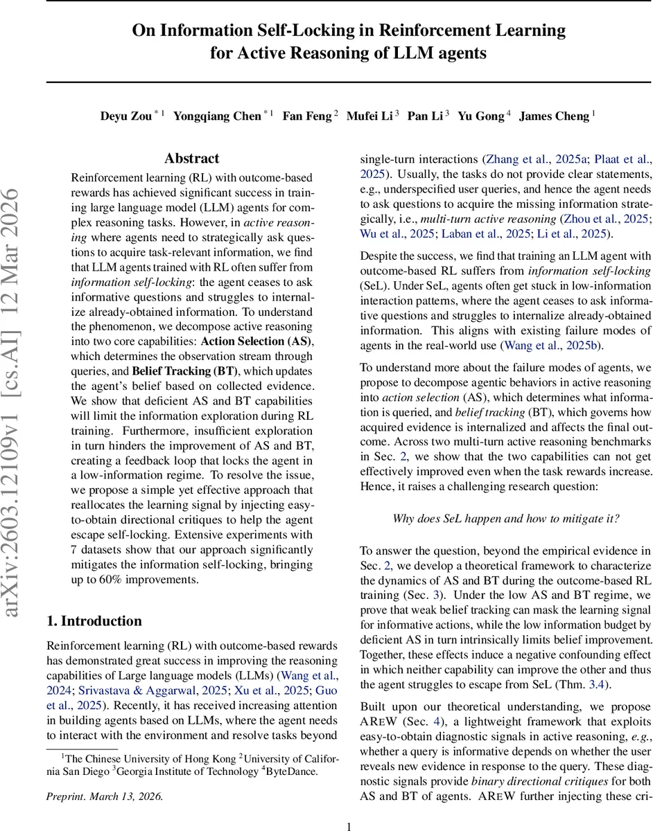 On Information Self-Locking in Reinforcement Learning for Active Reasoning of LLM agents