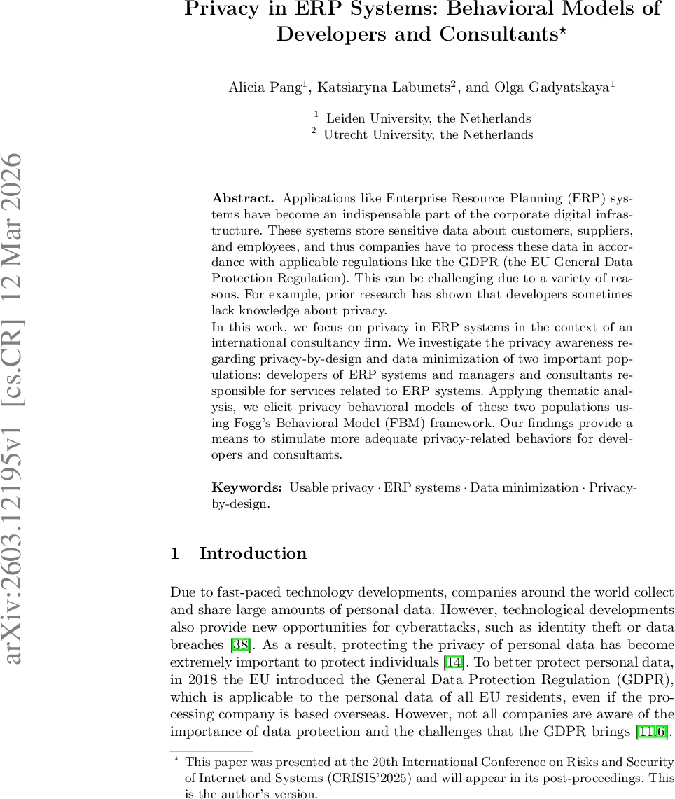 Privacy in ERP Systems: Behavioral Models of Developers and Consultants