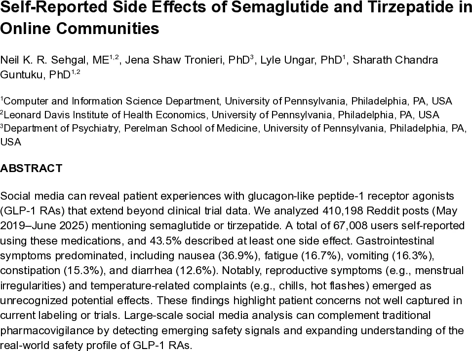 Self-Reported Side Effects of Semaglutide and Tirzepatide in Online Communities