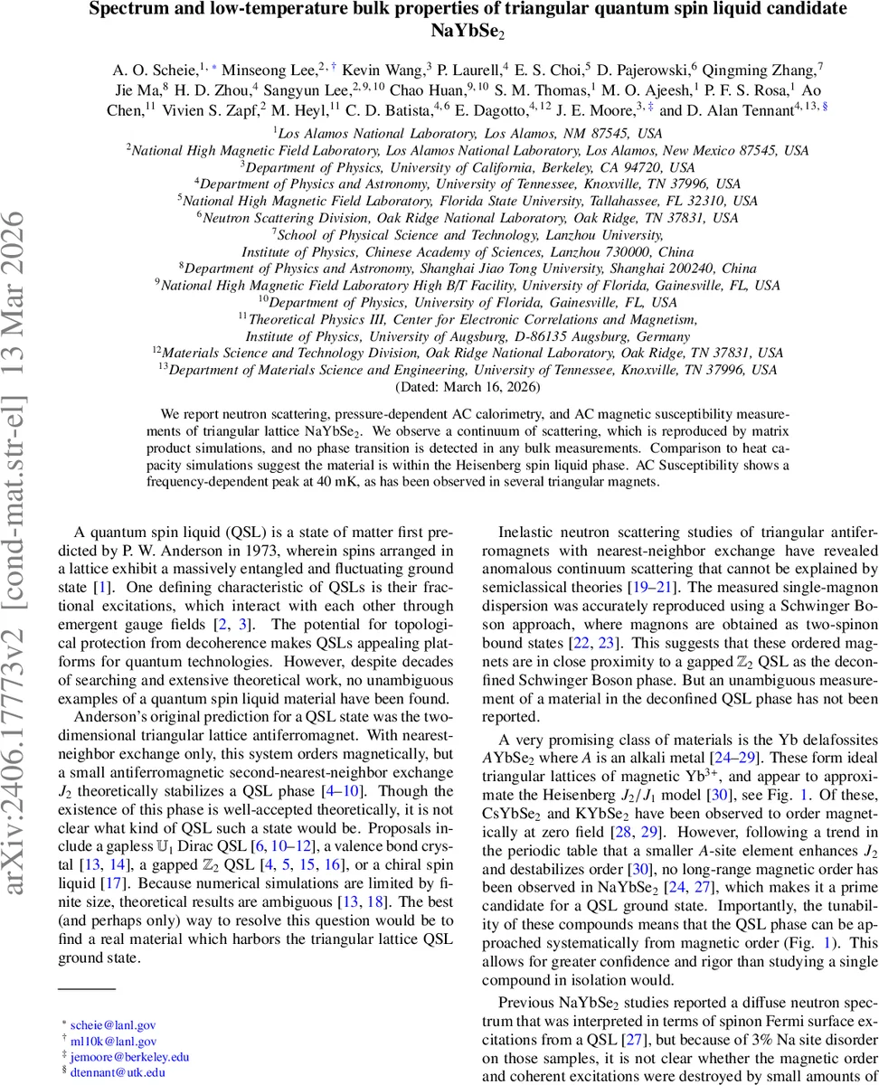 Spectrum and low-temperature bulk properties of triangular quantum spin liquid candidate NaYbSe$_2$