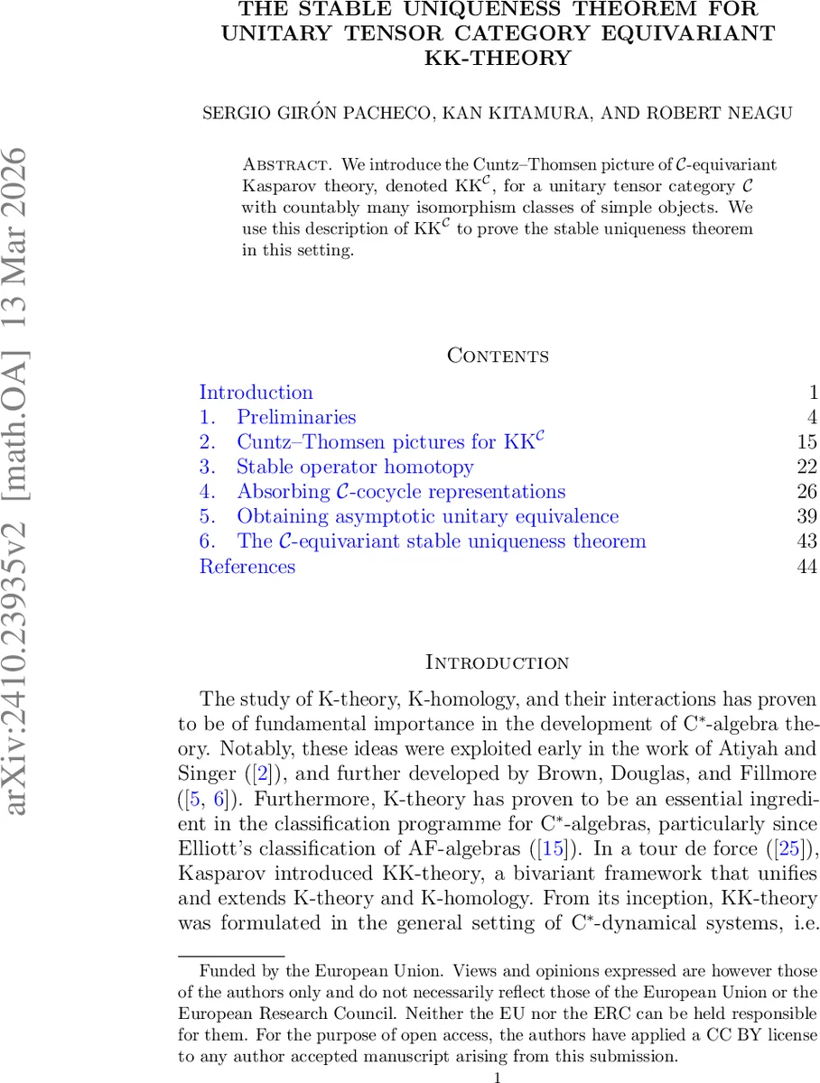 The stable uniqueness theorem for unitary tensor category equivariant KK-theory