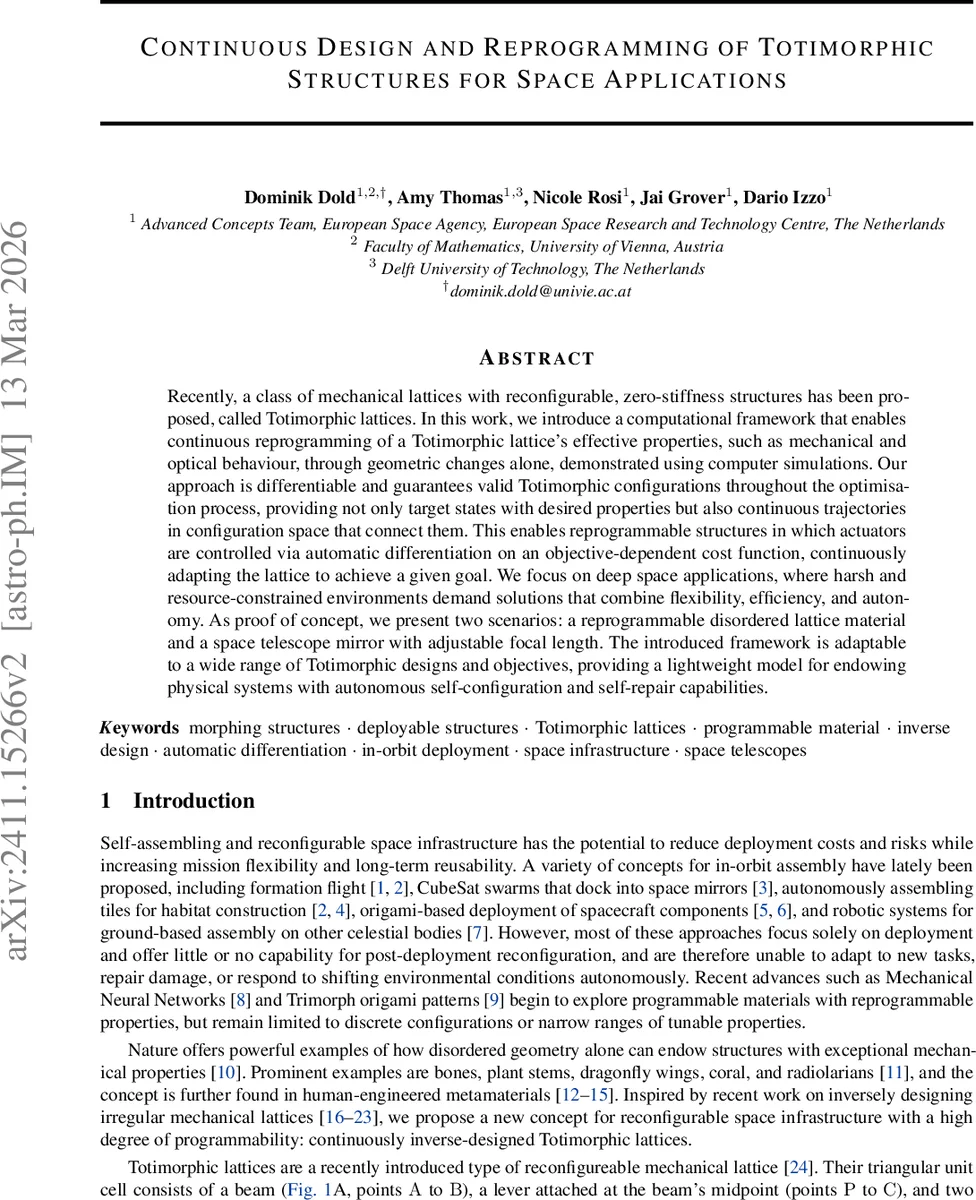 Continuous Design and Reprogramming of Totimorphic Structures for Space Applications