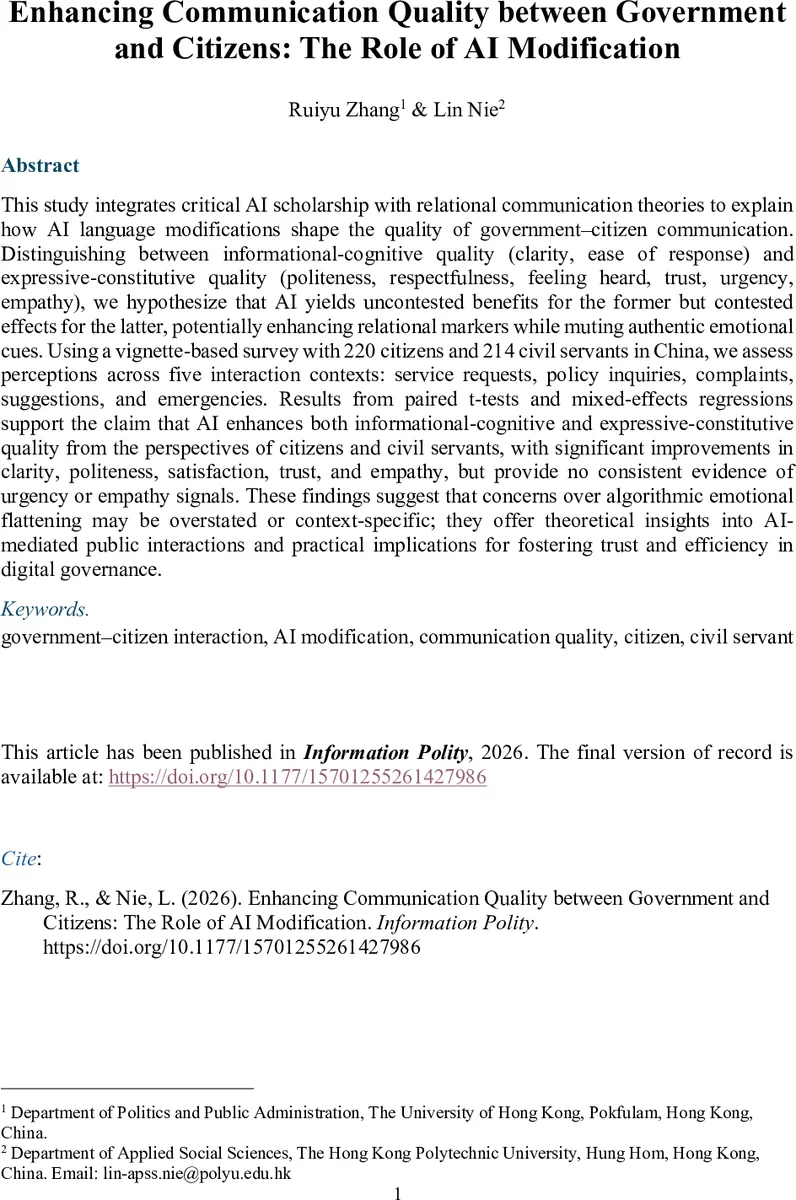 Enhancing Citizen-Government Communication with AI: Evaluating the Impact of AI-Assisted Interactions on Communication Quality and Satisfaction
