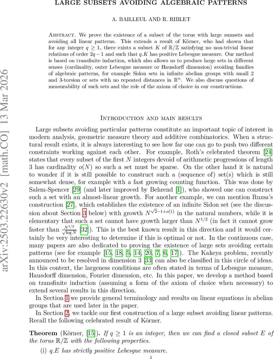 Large subsets avoiding algebraic patterns