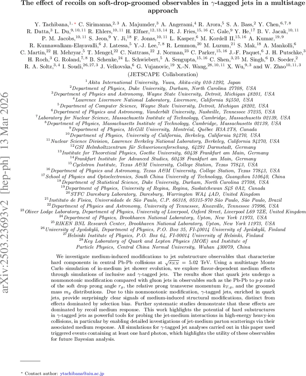 The effect of recoils on soft-drop-groomed observables in $γ$-tagged jets in a multistage approach