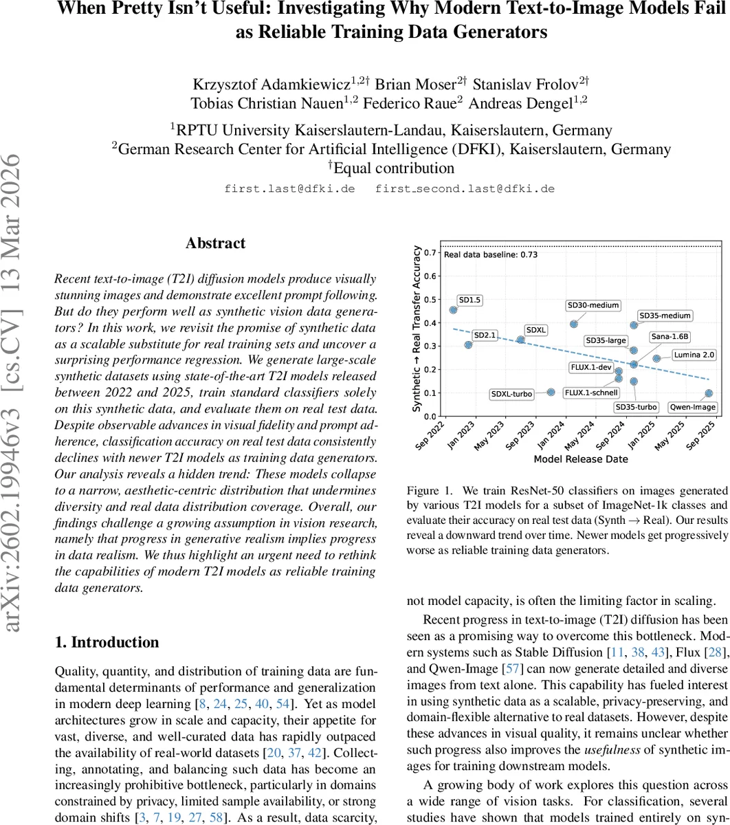 When Pretty Isn't Useful: Investigating Why Modern Text-to-Image Models Fail as Reliable Training Data Generators