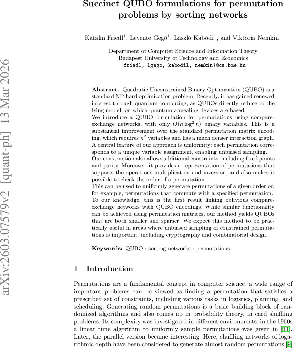 Succinct QUBO formulations for permutation problems by sorting networks