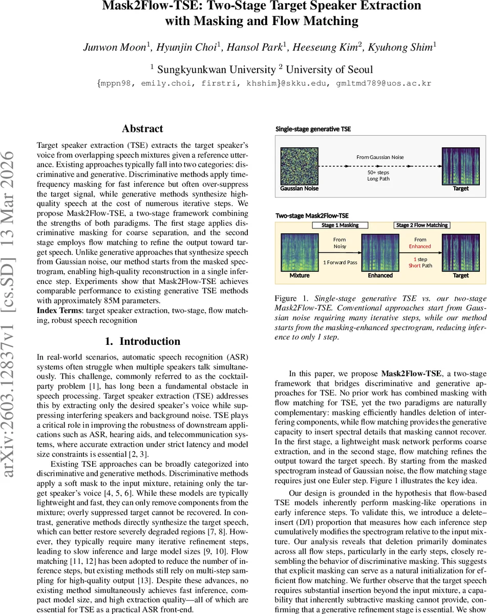 Mask2Flow-TSE: Two-Stage Target Speaker Extraction with Masking and Flow Matching