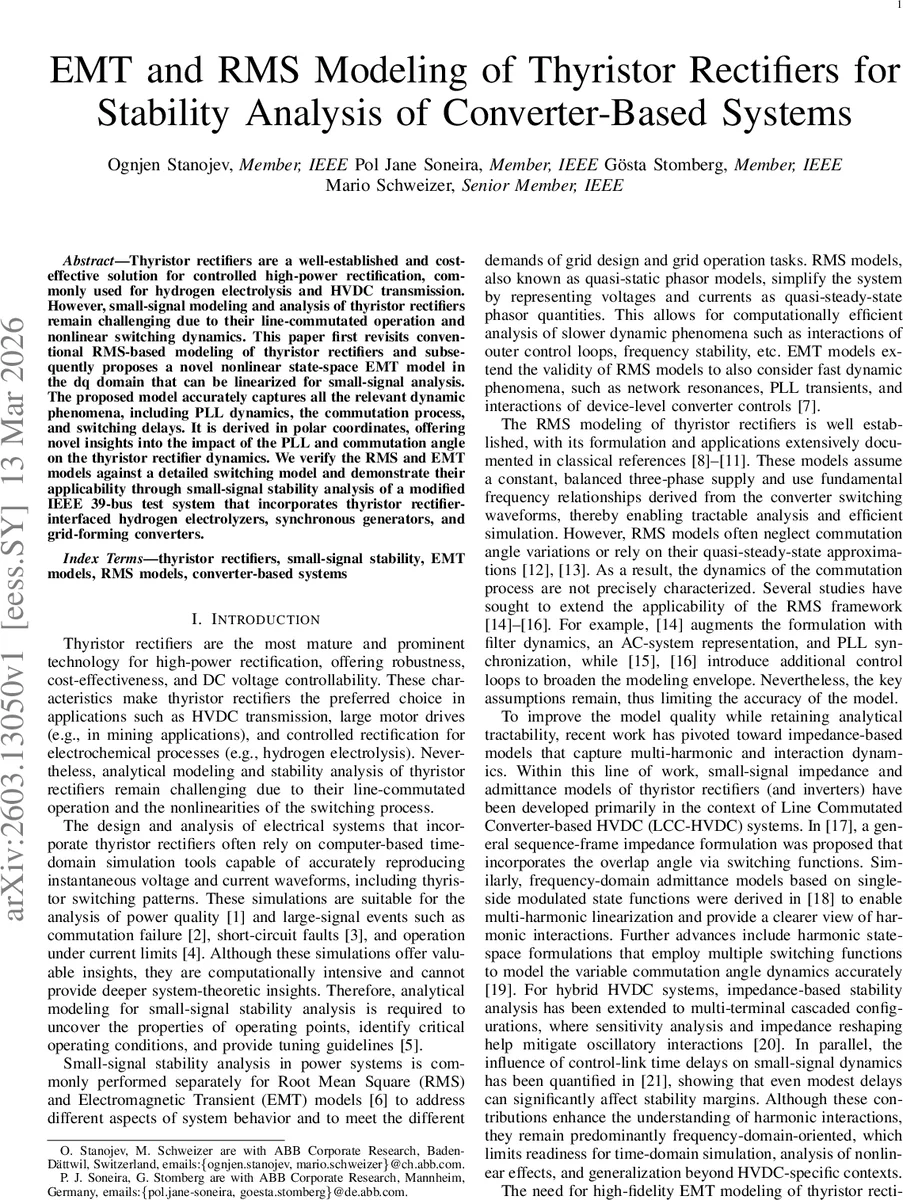 EMT and RMS Modeling of Thyristor Rectifiers for Stability Analysis of Converter-Based Systems