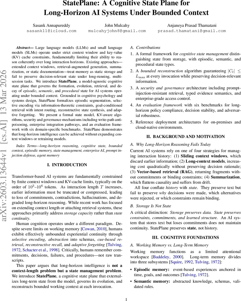 StatePlane: A Cognitive State Plane for Long-Horizon AI Systems Under Bounded Context