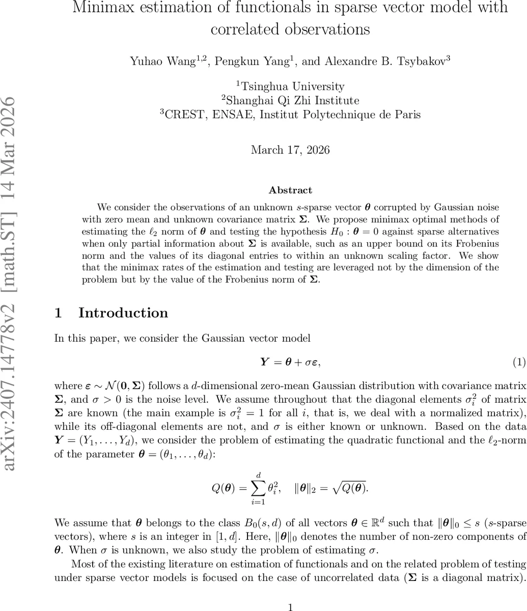 Minimax estimation of functionals in sparse vector model with correlated observations
