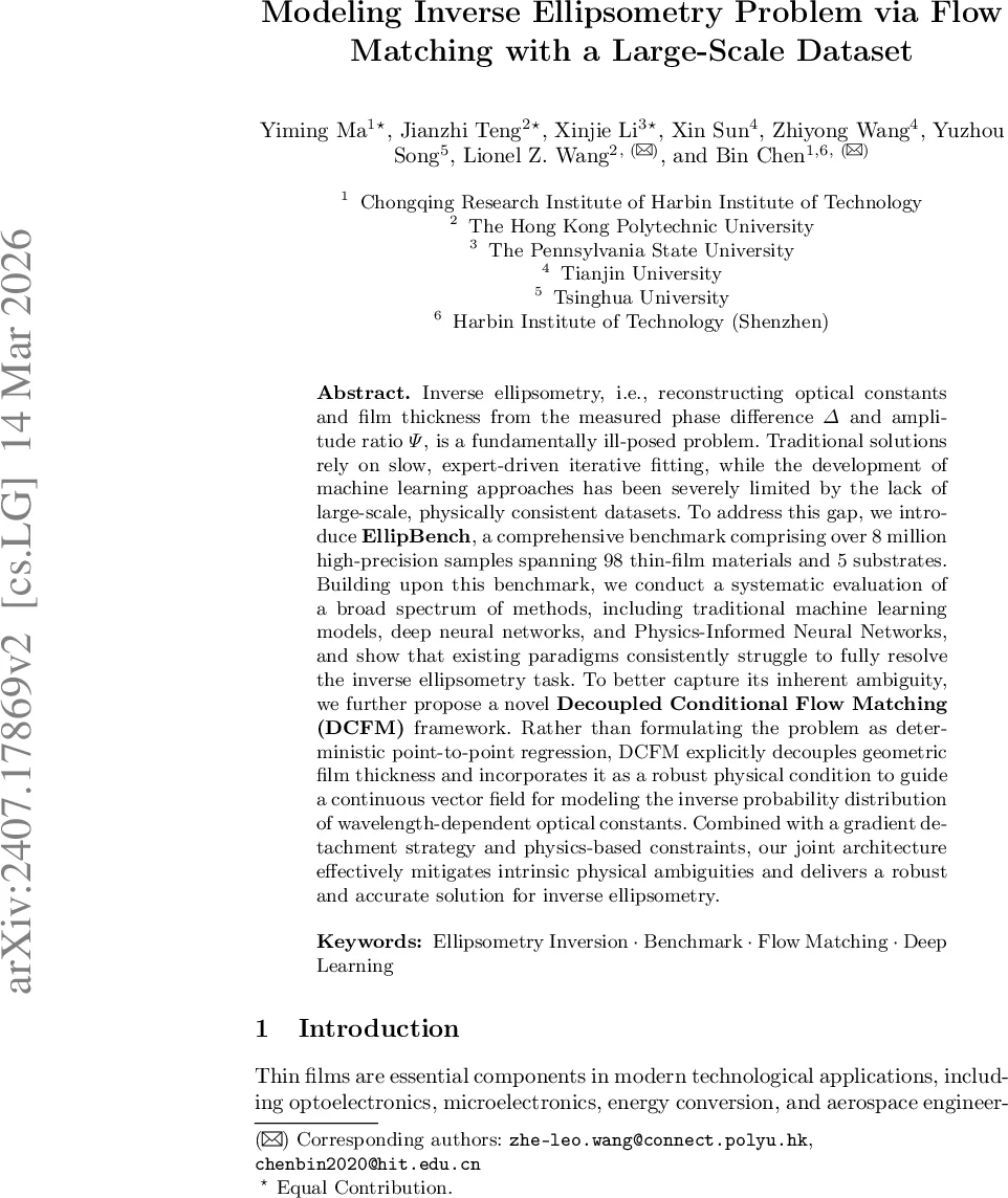 Modeling Inverse Ellipsometry Problem via Flow Matching with a Large-Scale Dataset