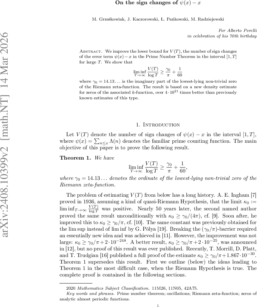 On the sign changes of $ψ(x)-x$