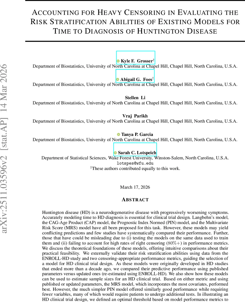 Accounting for Heavy Censoring in Evaluating the Risk Stratification Abilities of Existing Models for Time to Diagnosis of Huntington Disease