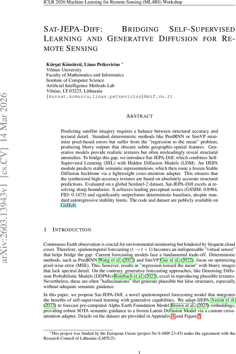 Sat-JEPA-Diff: Bridging Self-Supervised Learning and Generative Diffusion for Remote Sensing