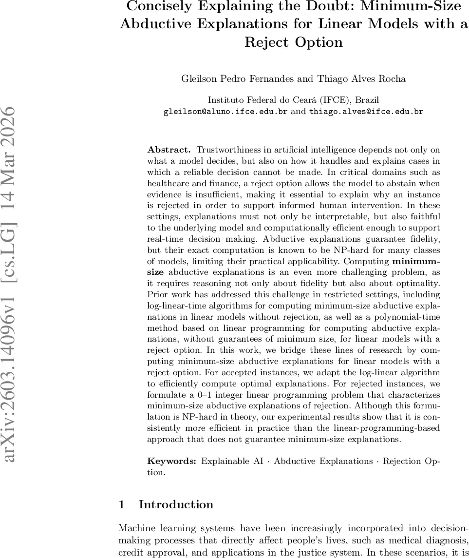 Concisely Explaining the Doubt: Minimum-Size Abductive Explanations for Linear Models with a Reject Option