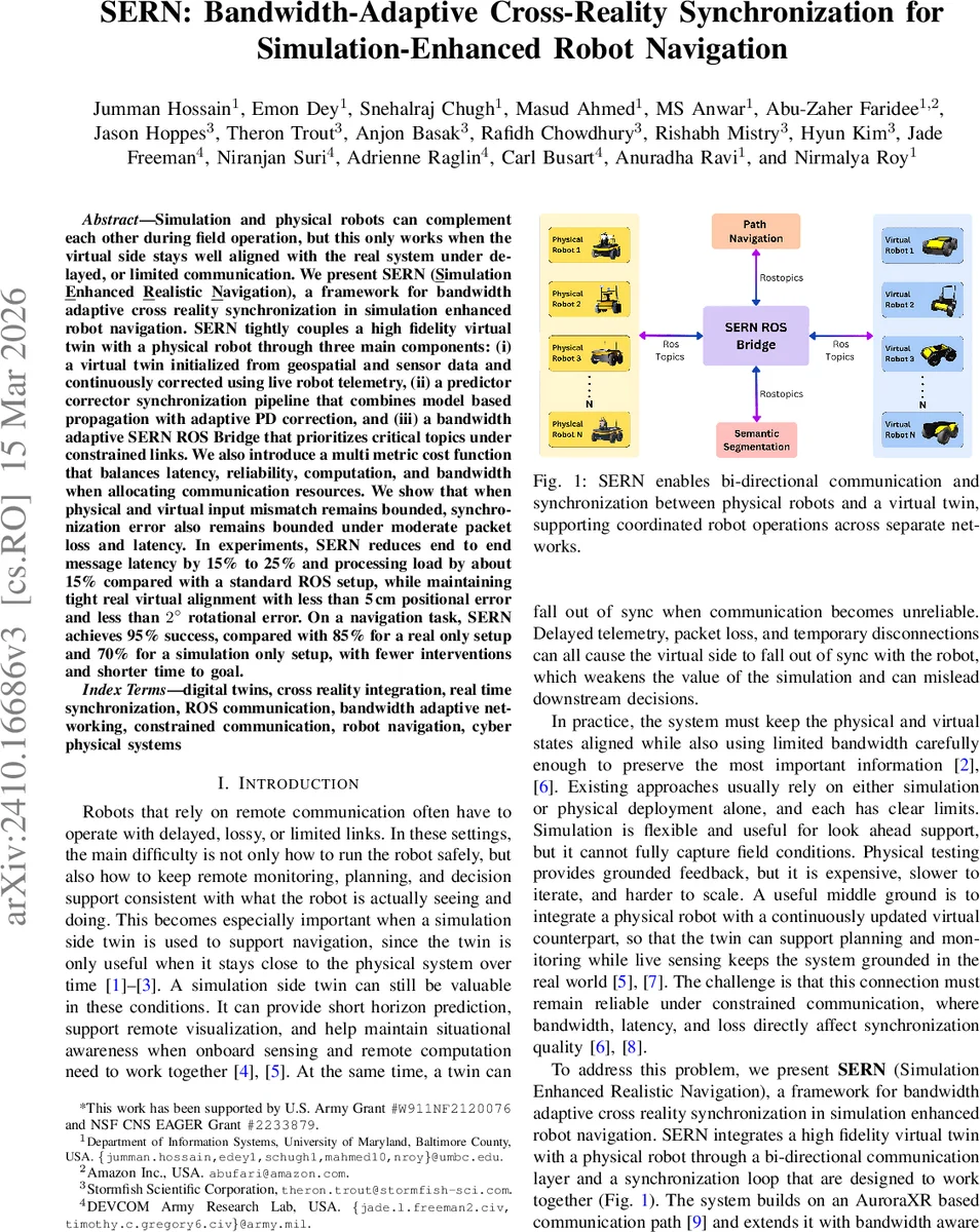 SERN: Bandwidth-Adaptive Cross-Reality Synchronization for Simulation-Enhanced Robot Navigation