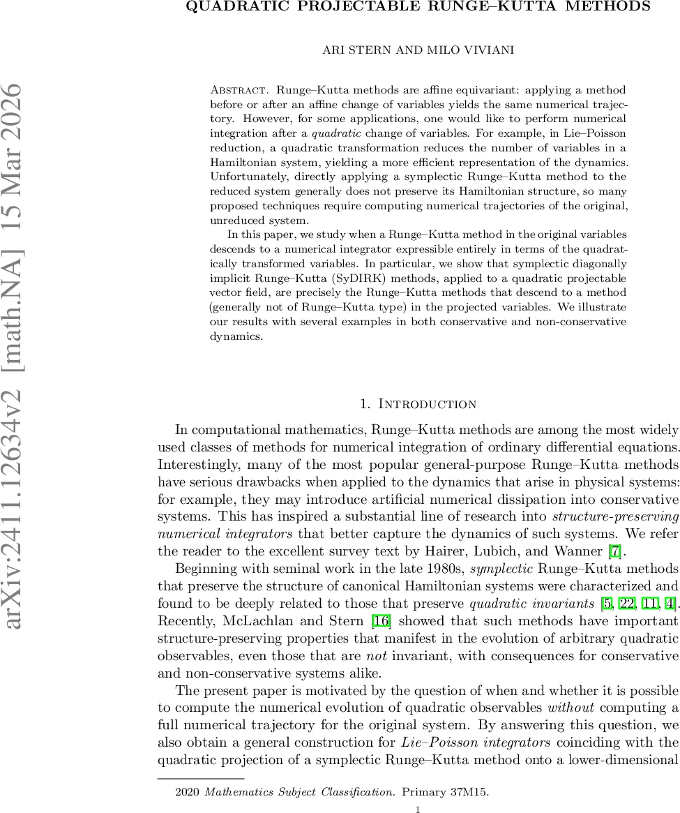 Quadratic projectable Runge-Kutta methods