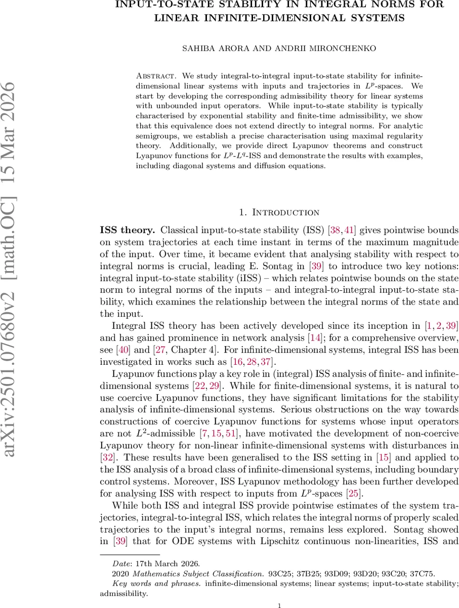 Input-to-state stability in integral norms for linear infinite-dimensional systems