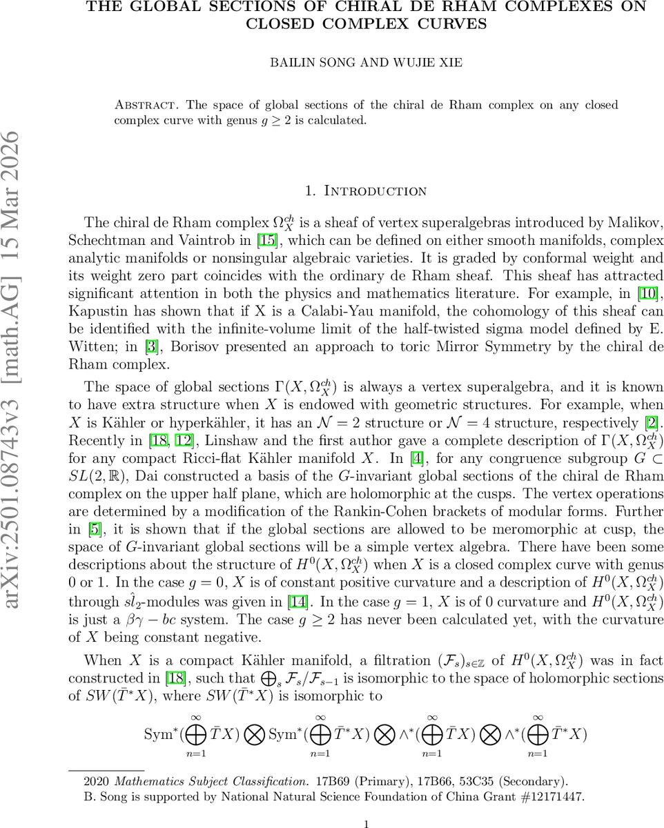 The Global Sections of Chiral de Rham Complexes on Closed Complex Curves